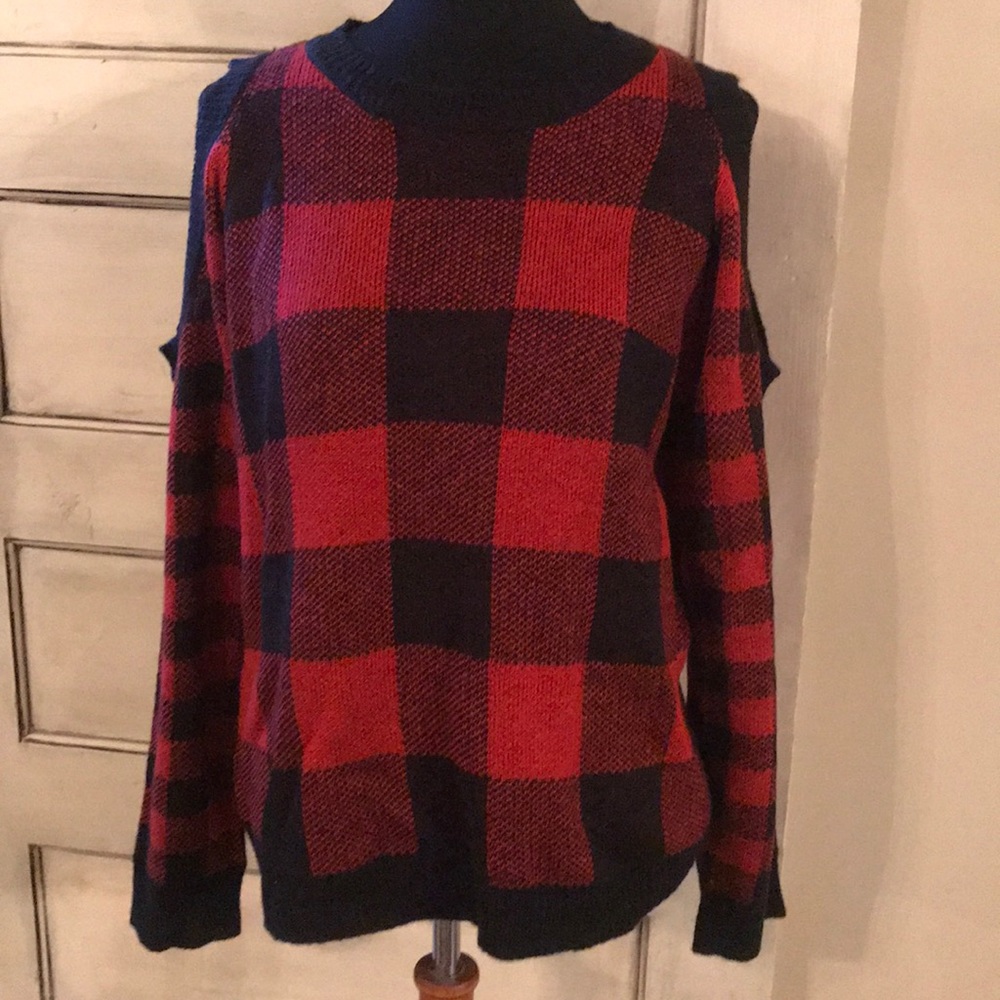 Cold Shoulder Buffalo Check Sweater